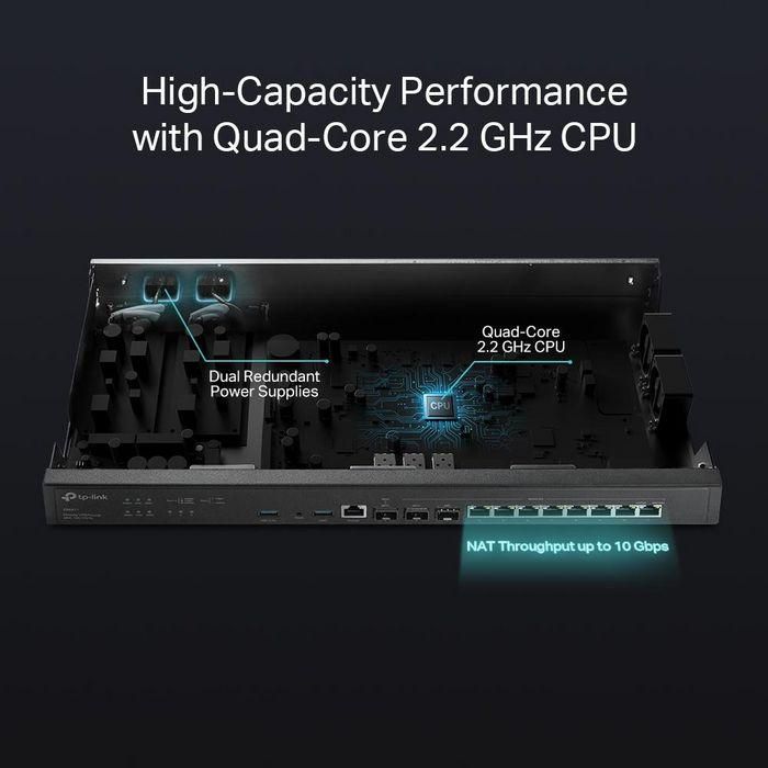 Omada 2× 10GE SFP+, 8× 1GE RJ45, 1× 1GE SFP WAN/LAN, 1× RJ45 Console, 2× USB Ports, 4MB SPI NOR + 256 MB NAND, 4 GB DDR4, 440 × 220 × 44 mm 3 Omada 2× 10GE SFP+, 8× 1GE RJ45, 1× 1GE SFP WAN/LAN, 1× RJ45 Console, 2× USB Ports, 4MB SPI NOR + 256 MB NAND, 4 GB DDR4, 440 × 220 × 44 mm 3