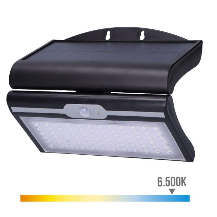 Edm Aplique Solar 6W 430lm 6.500K con Sensor de Movimiento y Crepuscular, Color Negro