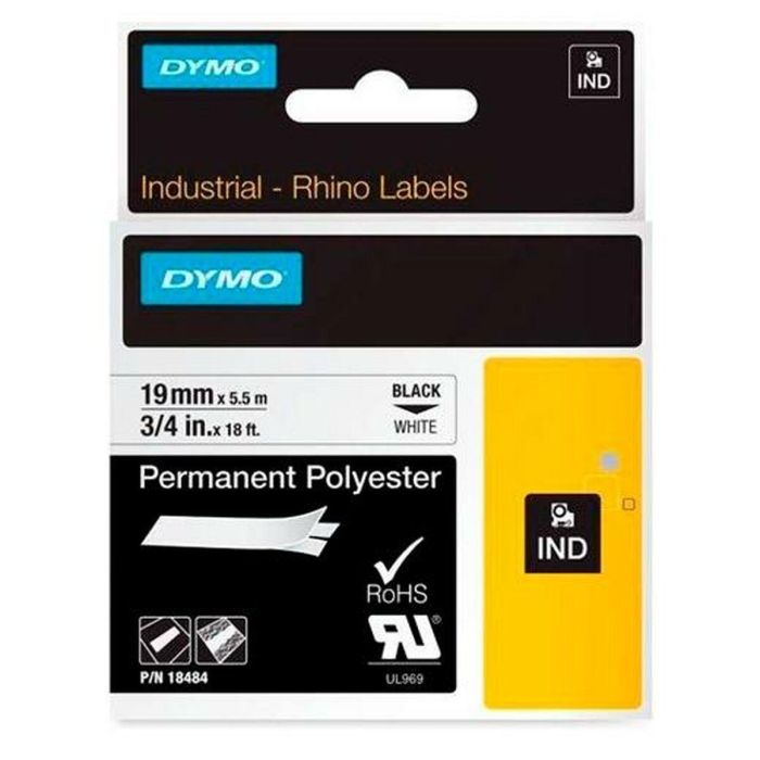 Cinta Laminada para Rotuladoras Rhino Dymo ID1-19 19 x 5,5 mm Negro Poliéster Blanco Autoadhesivas (5 Unidades) 1