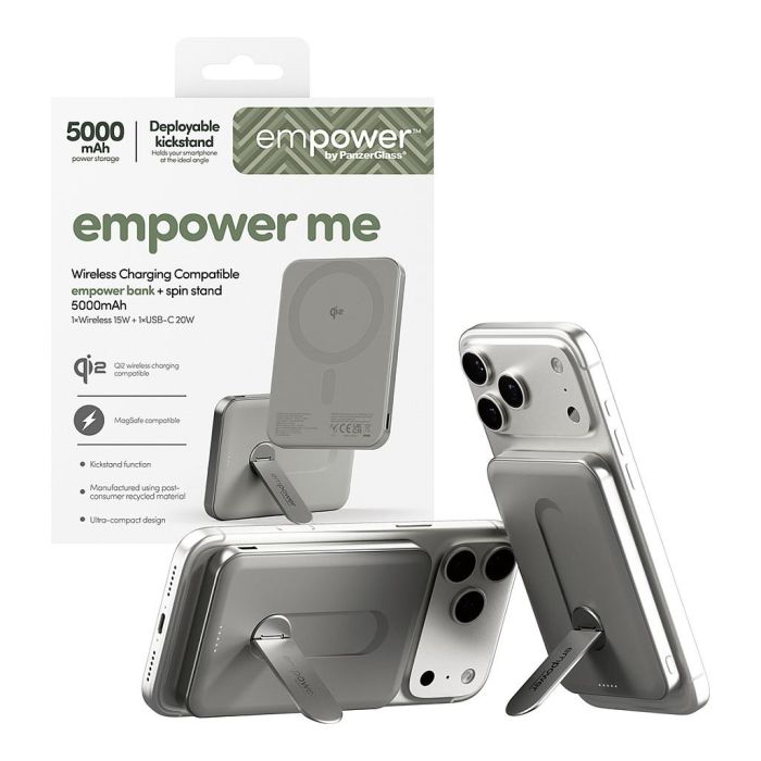 PanzerGlass Empower Bank con Spin Stand - Batería Portátil Inalámbrica 5000mAh, Carga Rápida 20W, Compatible con MagSafe, Cargador 15W, Color Titanio 5