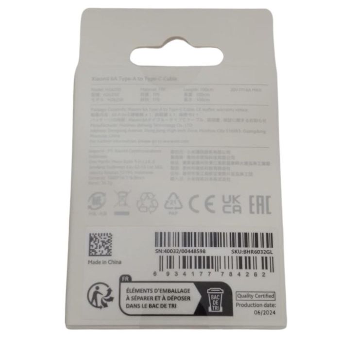 Xiaomi BHR6032GL Cable USB-A a USB-C 6A Carga Rápida y Datos 1m Blanco Compatible con Carga PD 5