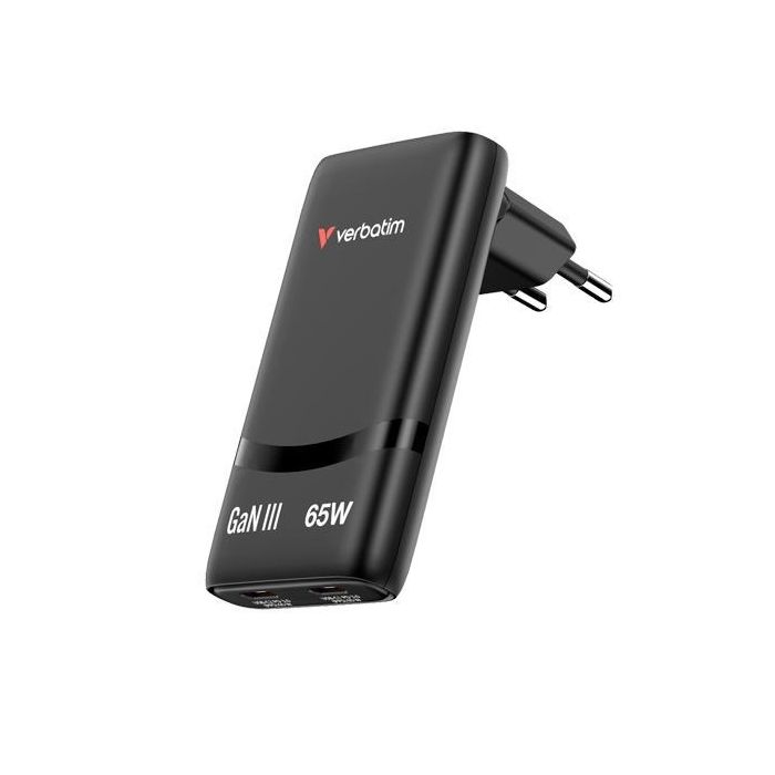 Verbatim Cargador de Pared Fold 'N' Go 65W, 2x USB-C PD 3.0 para Carga Rápida, Negro