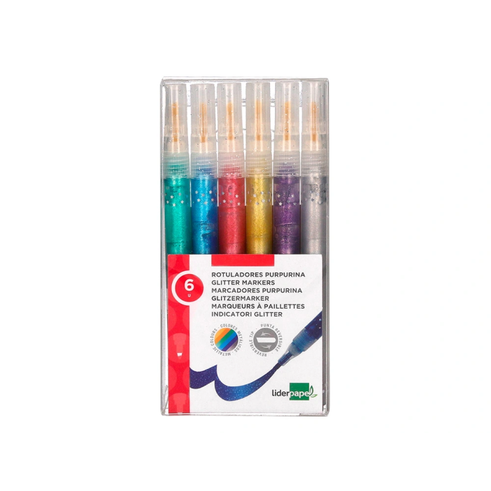 Liderpapel Rotuladores Efecto Purpurina Metalizada Punta Reversible Bolsa 6 Unidades Colores Surtidos 2