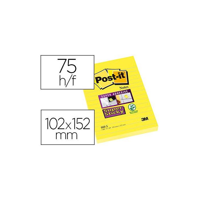 Bloc De Notas Adhesivas Quita Y Pon Post-It Super Sticky Rayado Amarillo Ultra 102x152 mm 6 unidades