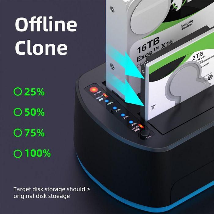 CoreParts Base Docking USB 3.0 Dual Bahía HDD/SSD SATA 2.5" 3.5" con Clonador Offline RGB Gaming 5Gbps - Expansión 36TB 3