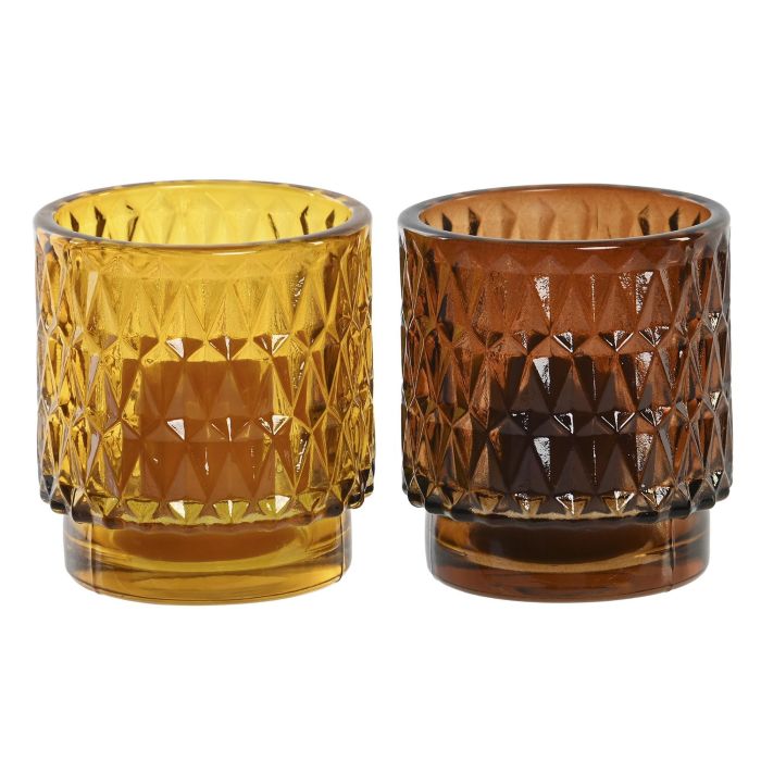 DKD Home Decor Vela Urban de Cera y Cristal, Pack de 2 Sets de 4 Velas Mostaza y Marrón, 7x8x7 cm, Duración 5h 1