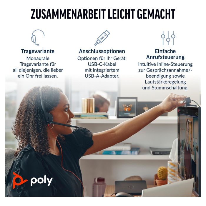 HP Blackwire 3210 Auriculares Monaurales USB-C con Adaptador USB-C/A 1