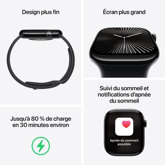 Apple Watch Series 10 GPS - 46 mm - Caja de aluminio en negro azabache - Correa deportiva Ink 2