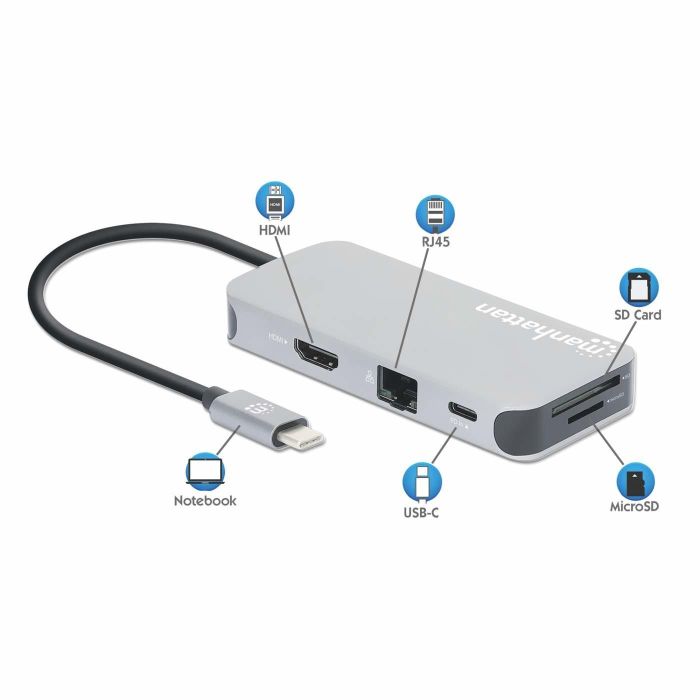 MANHATTAN Docking Station USB-C 8 en 1 con HDMI, RJ45 y 3x USB-A, Carga 100W, Lector Tarjetas MicroSD 11 MANHATTAN Docking Station USB-C 8 en 1 con HDMI, RJ45 y 3x USB-A, Carga 100W, Lector Tarjetas MicroSD 11