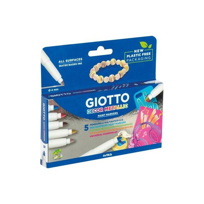 Giotto Rotuladores Decor Metal, caja 5 unidades, colores surtidos, tinta base agua, punta 4mm, para todas las superficies