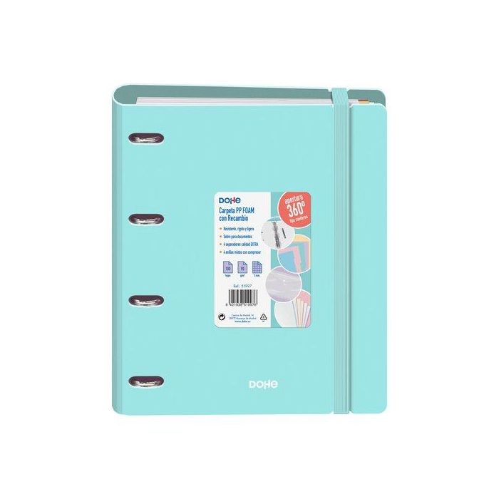 Dohe Carpeta Anillas Mixtas A4 35mm 100H 5x5mm 90gr con 4 Separadores Polyfoam Verde Pastel y Cierre Elástico