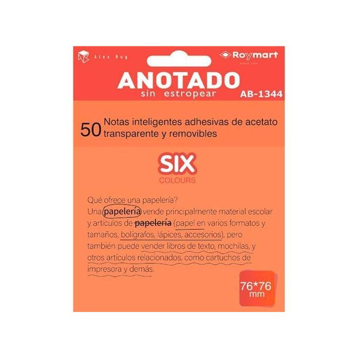 Roymart Bloc Notas Adhesivas Inteligentes Removibles 50H 76x76 Acetato Transparente Naranja Fluorescente Roymart Bloc Notas Adhesivas Inteligentes Removibles 50H 76x76 Acetato Transparente Naranja Fluorescente