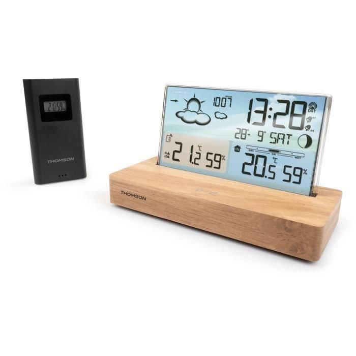 Reloj despertador estación meteorológica - THOMSON - Madera clara - Visualizador de temperatura, Higrometría, Alarma dual, USB-C, Sonda inalámbrica 2