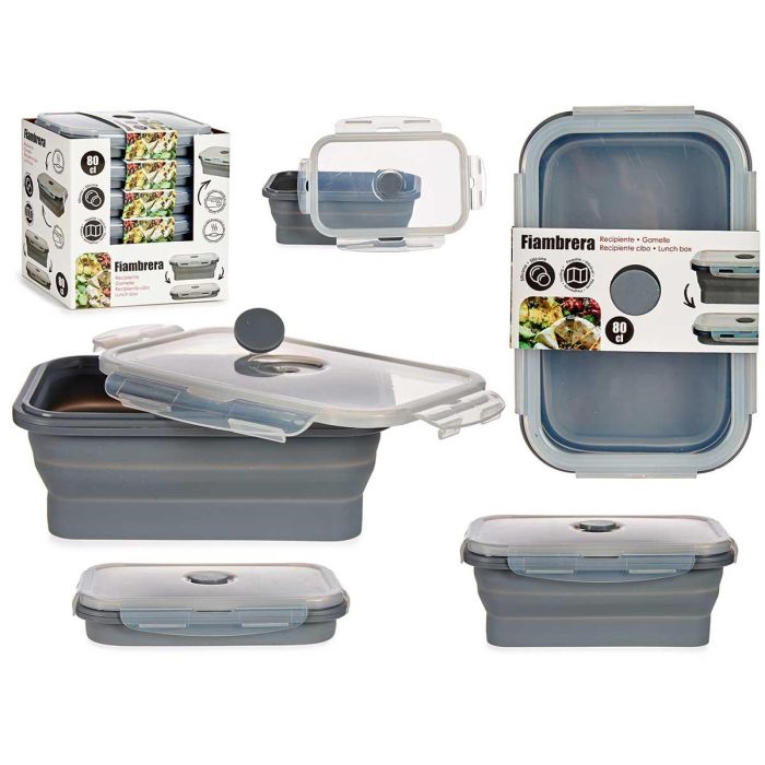 Fiambrera de Silicona Rectangular Kinvara 800 ml, 18x12.5x3 cm, Gris y Transparente (24 Unidades) Fiambrera de Silicona Rectangular Kinvara 800 ml, 18x12.5x3 cm, Gris y Transparente (24 Unidades)