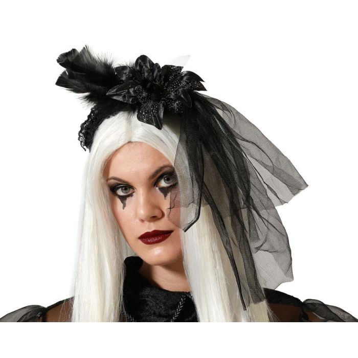 Diadema Negra con Flor, Velo y Plumas para Disfraz Novia Fantasma, Bruja o Dama Oculto. Halloween Gótico.