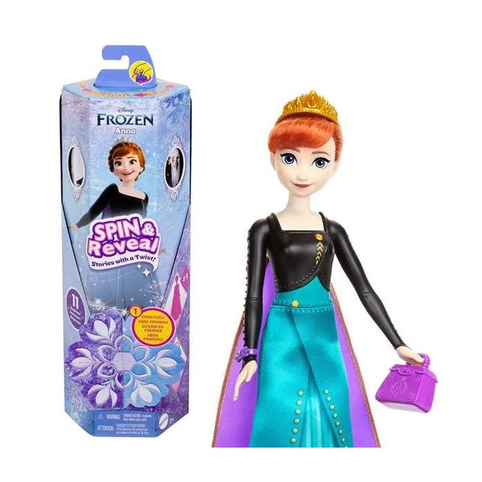 Muñeca frozen anna spin and reveal.incluye 11 sorpresas 5 accesorios y 5 pegatinas con una escena de juego inspirada en la pelicula.