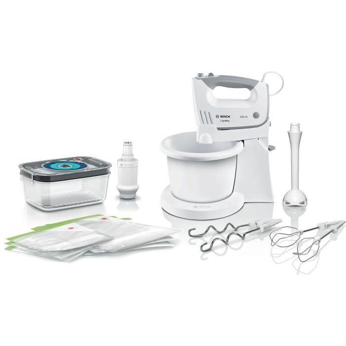Robot batidor BOSCH ErgoMixx MFQ364V6 - 450 W - Blanco/Gris - 5 velocidades + turbo - 2 batidores de acero inoxidable - 2 ganchos amasadores de acero inoxidable Robot batidor BOSCH ErgoMixx MFQ364V6 - 450 W - Blanco/Gris - 5 velocidades + turbo - 2 batidores de acero inoxidable - 2 ganchos amasadores de acero inoxidable