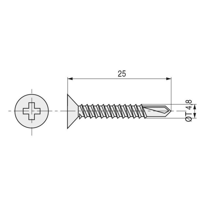 Tornillo Broca Rosca Chapa Cabeza Plana Din 7504-P Zincado Larg.R/Chapa 25Mm Ø Rosca Chapa 4.8Mm Index (500 Unidades) 1