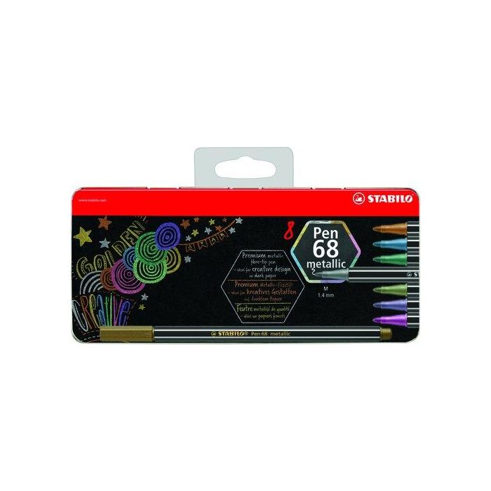 Stabilo Rotuladores Pen 68 Metallic - Surtidos Metálicos, Estuche de Metal, 8 Unidades
