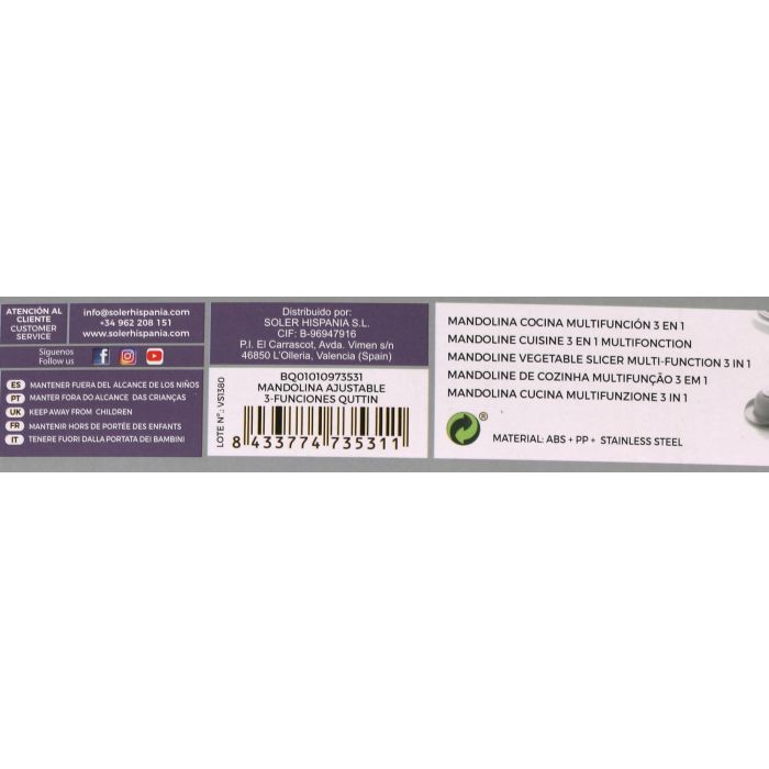 Quttin Mandolina Ajustable 3 Funciones, 31.5 x 13.2 x 4 cm (6 Unidades) 11