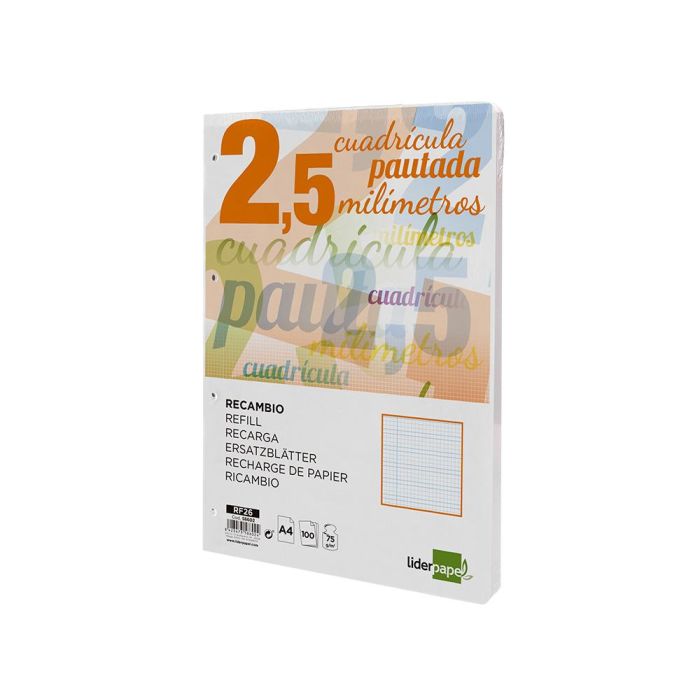 Recambio Liderpapel A4 Pautaguia 100 Hojas 75 gr-M2 Cuadriculado Pautado 2,5 mm Con Margen 4 Taladros 2