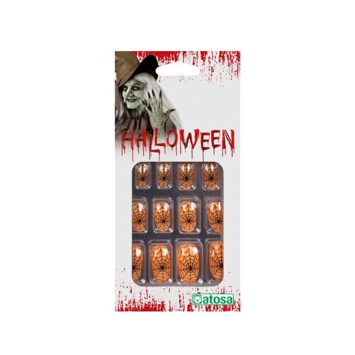 Uñas Postizas Halloween Naranja Con Telaraña Para Bruja Y Calabaza