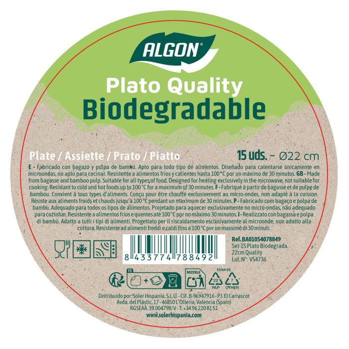 Inde Set de 15 Platos Biodegradables Quality Algon 22 cm (24 Unidades) 7 Inde Set de 15 Platos Biodegradables Quality Algon 22 cm (24 Unidades) 7