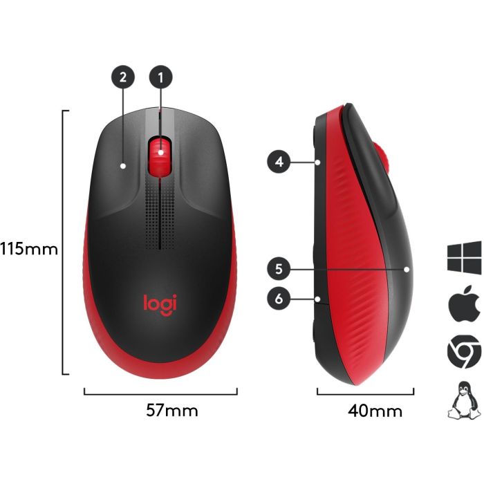 Logitech M190 Ratón Inalámbrico de Tamaño Completo, RF, Diseño Ergonómico para Manos Medianas-Grandes, Rojo, 18 Meses Batería, Seguimiento Preciso 5