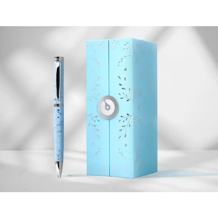 Belius Boligrafo Bella Aluminio Azul Celeste Diseño Plateado Relieve Tinta Azul Caja de Diseño 1