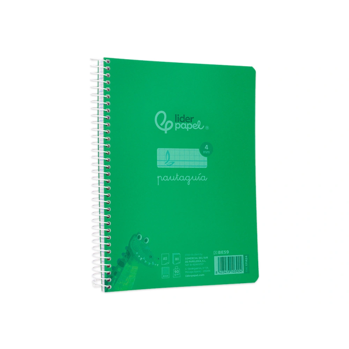Liderpapel Cuaderno espiral A5 Pautaguía 80 hojas 90gr Cuadro Pautado 4mm con Margen Color Verde Tapa Plástico 4