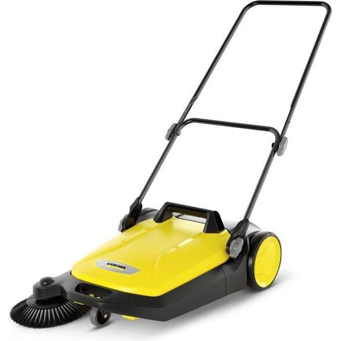 Karcher S 4 Barredora mecánica para limpieza diaria, asa de transporte plegable, papelera extraíble 20L, cepillo lateral - Amarilla y Negra