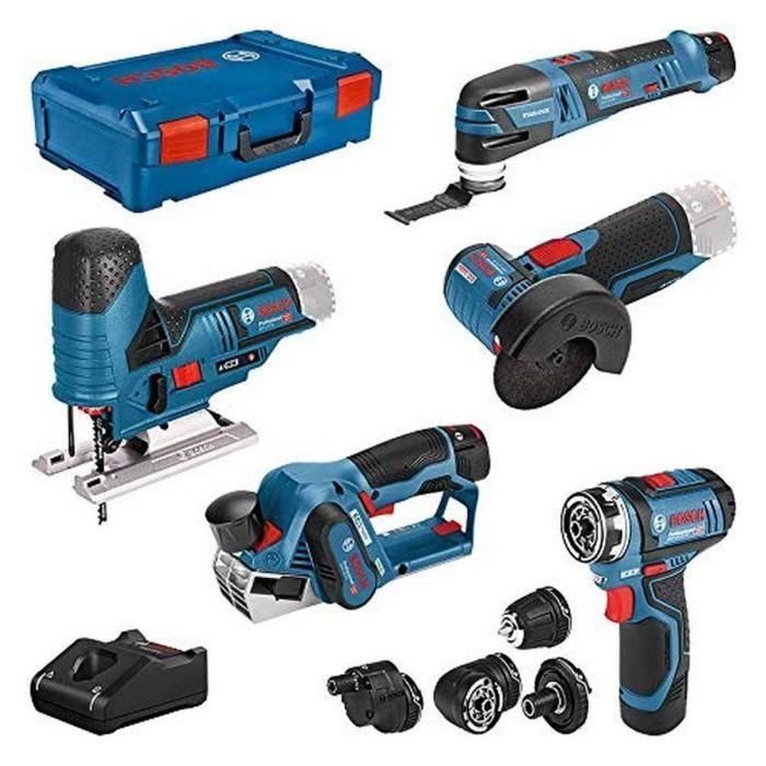 Paquete 5 Herramientas Bosch Drill GSR + GOP Sander + Planificación GHO + GWS Grinder + GST ??Jigsaw + 3 baterías + Cargador Paquete 5 Herramientas Bosch Drill GSR + GOP Sander + Planificación GHO + GWS Grinder + GST ??Jigsaw + 3 baterías + Cargador
