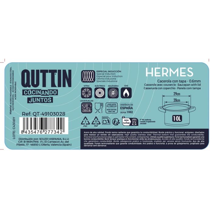 Cacerola Hermes 28 cm (10L) Acero Inoxidable con Tapa - Inde (4 Unidades) 4 Cacerola Hermes 28 cm (10L) Acero Inoxidable con Tapa - Inde (4 Unidades) 4