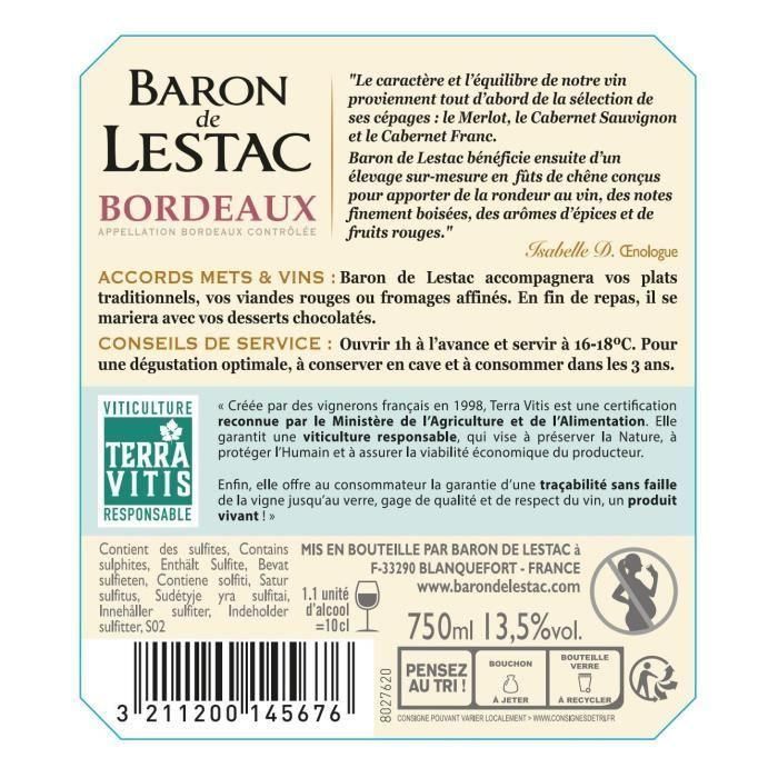 Baron de Lestac 2019 Burdeos - Vino tinto Burdeos - Terra Vitis 3