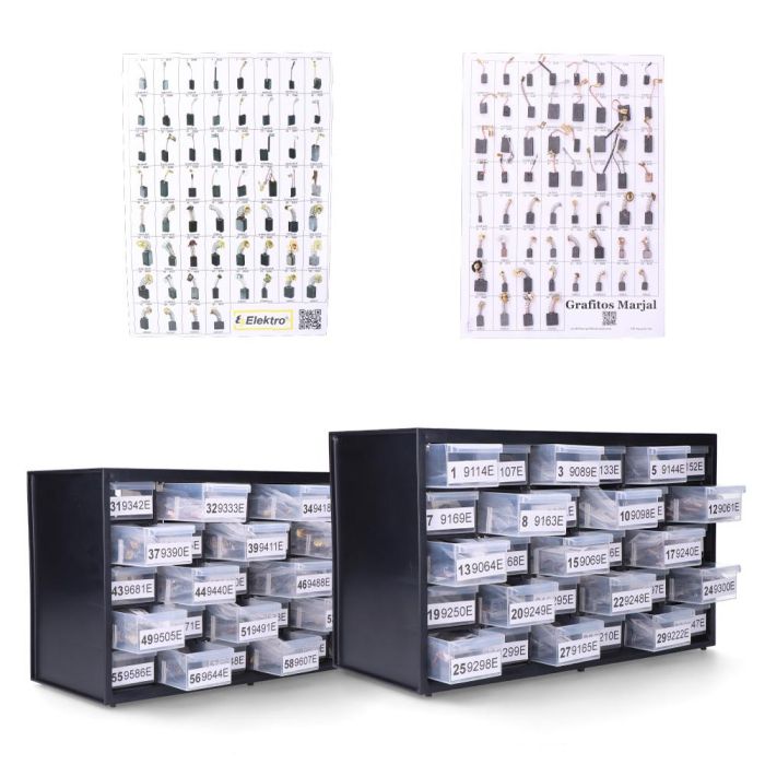 Grafitos Marjal Cajonera para 60 Escobillas de Carbón (240 Juegos) con Póster y Muestrario para Organización de Taller
