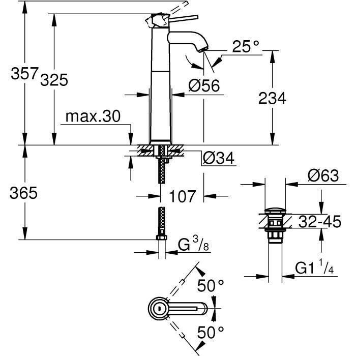 Grohe Mezclador monomando de lavabo de sobre encimera Tamaño XL 3 Grohe Mezclador monomando de lavabo de sobre encimera Tamaño XL 3