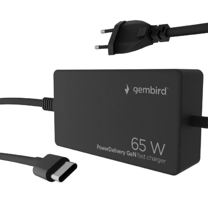 Gembird Cargador Rápido USB Tipo-C 65W con Cable Integrado, Alimentación para Laptop, Teléfono, Tablet