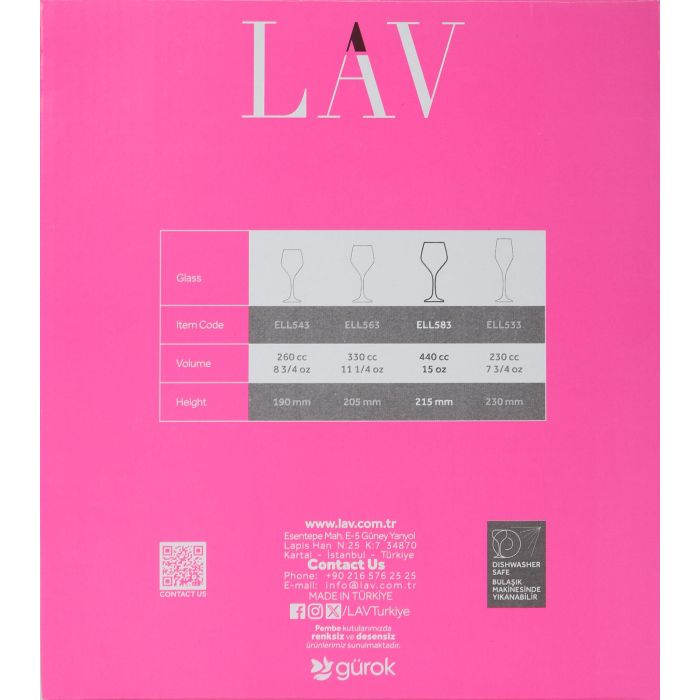 Lav Set 6 Copas Vino/Agua 450 cc Colección Ella Dimensiones 9 cm ancho x 22 cm alto x 7 cm largo (4 Cajas)