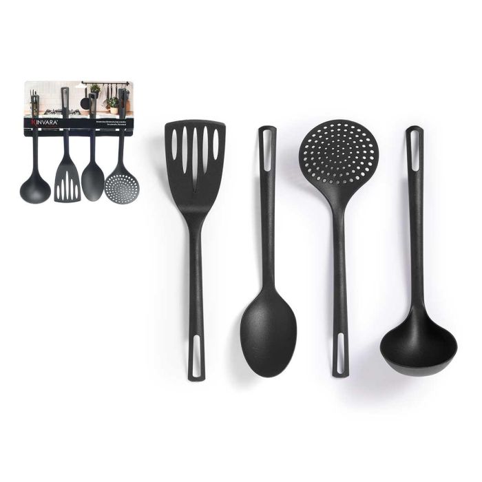 Kinvara Set 4 Utensilios de Cocina Negros de Plástico: Espumadera, Cucharón, Espátula, Espaguetera (29x32x8 cm) (12 Unidades)