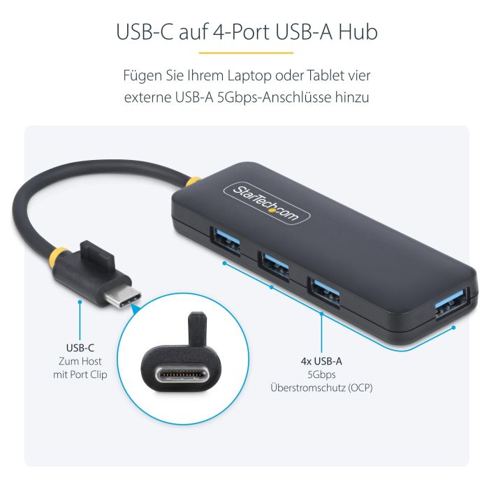 StarTech Hub USB-C de 4 Puertos 5Gbps Portátil USB 3.0 Tipo-A 4 Puertos Negro 12