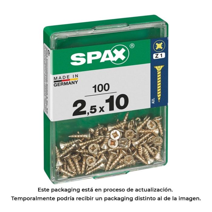 Spax 4081020250102 Caja 100 unid. Tornillo madera cabeza plana yellox 2,5x10mm rosca completa ranura cruz Z1 0 Spax 4081020250102 Caja 100 unid. Tornillo madera cabeza plana yellox 2,5x10mm rosca completa ranura cruz Z1 0