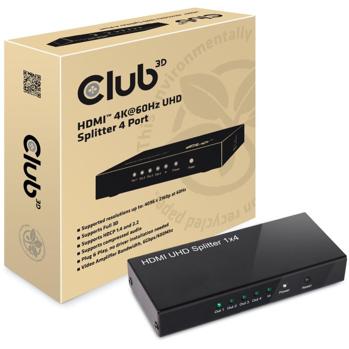 Club3D CSV-1380 HDMI Splitter 1x4 4K 60Hz UHD HDMI 2.0a para Televisor/Monitor, Negro, Metálico 1 Club3D CSV-1380 HDMI Splitter 1x4 4K 60Hz UHD HDMI 2.0a para Televisor/Monitor, Negro, Metálico 1