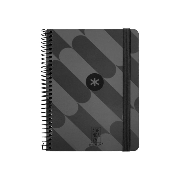 Antartik Agenda Espiral Colección Pattern A6+ 2025 Semana Vista Negro, Papel 80gr, Tapa Cartón Forrado Soft Touch, Pegatinas