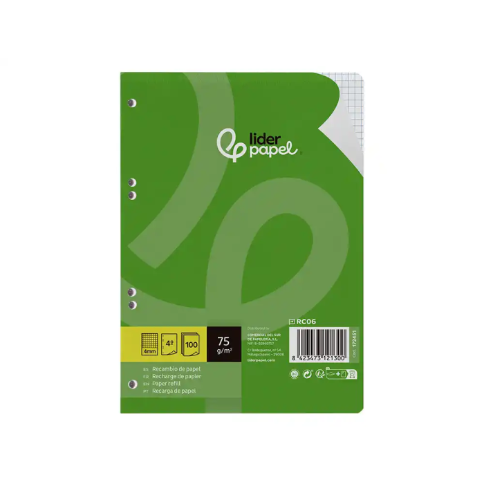 Liderpapel Recambio A5 100 Hojas 75gr Cuadro 4mm con Margen 6 Taladros 1