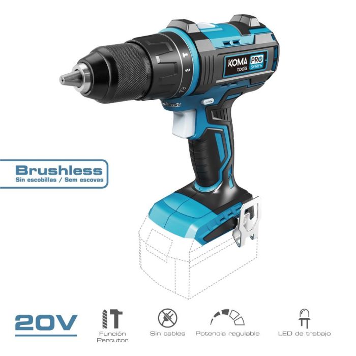 Koma Tools Taladro percutor/atornillador 20V Brushless, portabrocas Ø13mm, 19 posiciones de apriete, luz LED, 22x25cm Koma Tools Taladro percutor/atornillador 20V Brushless, portabrocas Ø13mm, 19 posiciones de apriete, luz LED, 22x25cm