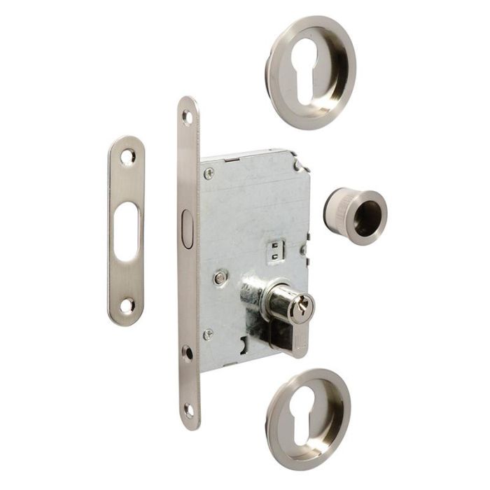 ALK Duver Kit Cerradura para Puerta Corredera Níquel Satinado con Cilindro 20-20 Niquelado Acero y Zamak