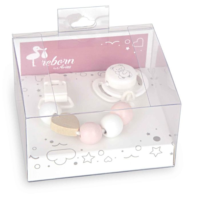 Muñecas Arias Set Chupete con Cadena para Muñecas, Piezas de Madera y Pinza Blanca, Edad Mínima 3 Años 2