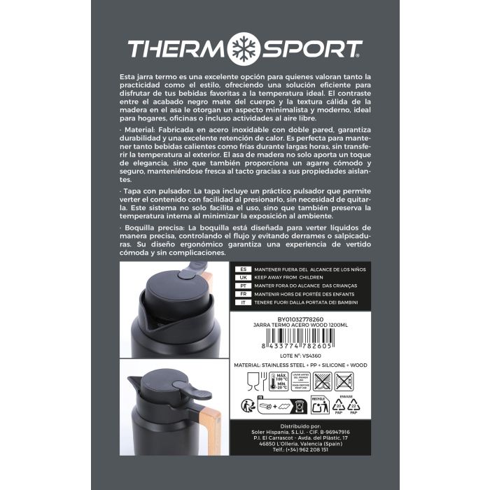 Jarra Termo Acero Wood 1200 ml - Inde (4 Unidades) 5 Jarra Termo Acero Wood 1200 ml - Inde (4 Unidades) 5