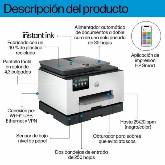 HP OfficeJet Pro 9132e Impresora Multifunción 4 en 1 Tinta A4 LAN WiFi ADF Duplex 8