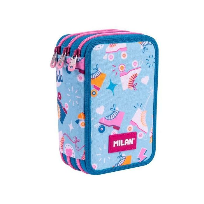Milan Plumier Escolar 3 Pisos con Contenido Serie Especial Roller 2 Estuche Diseño Patines Retro Azul Mostaza Rosa